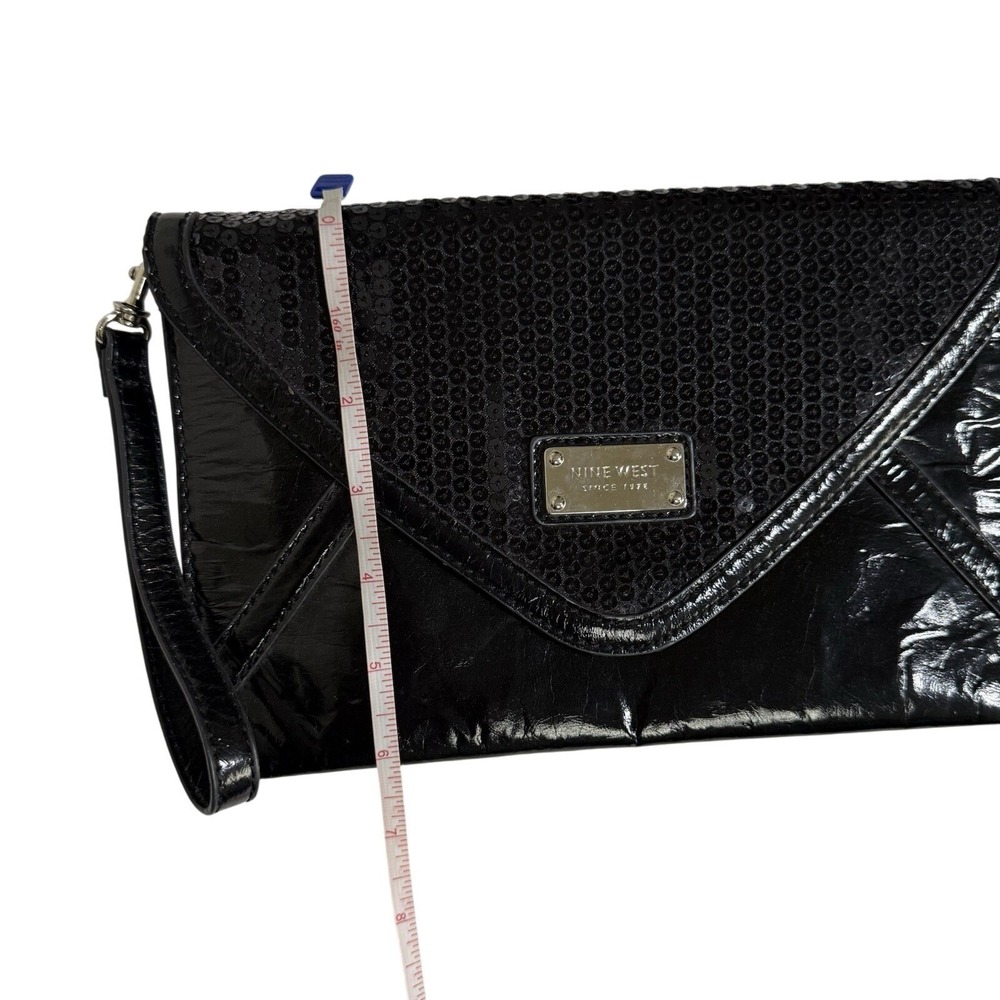 Women's Black Sequin Envelope Clutch Wristlet Patent Evening Party Handbag Purse - Picture 5 of 6